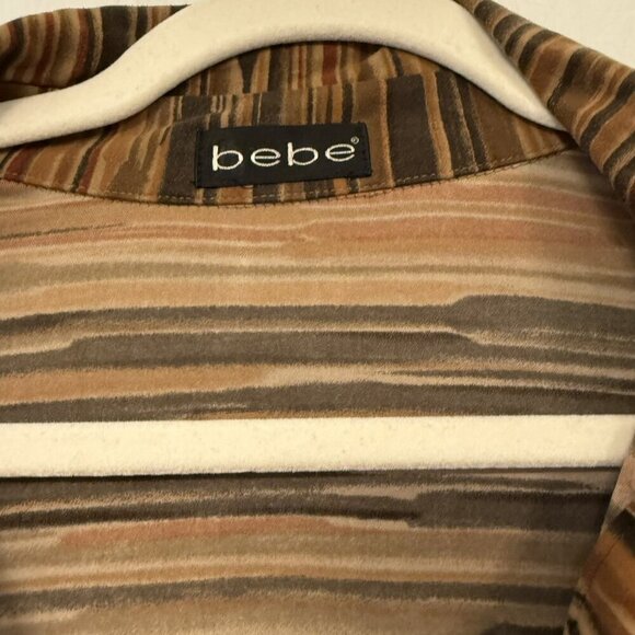 Vintage 90s Y2K Bebe Shirt Size Small Brown Stripes Collar Open Front Long Sleev - Picture 4 of 10